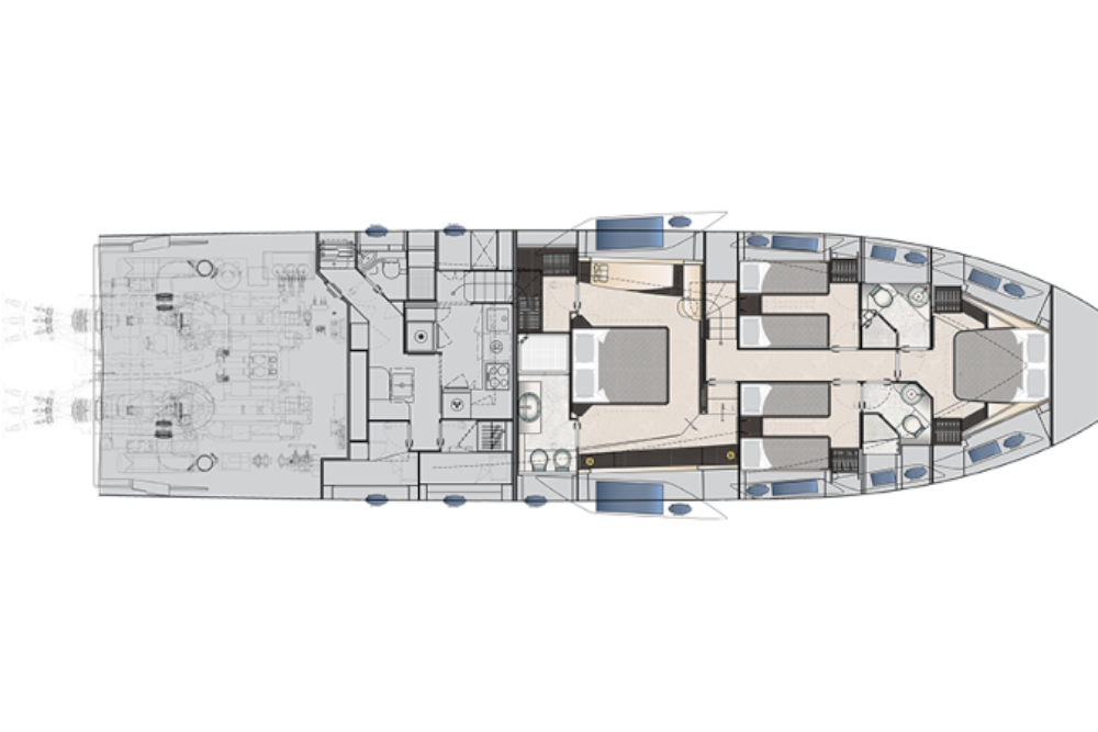 Pershing 8X - Layout - Lower deck Pershing 8X - Layout - Lower deck