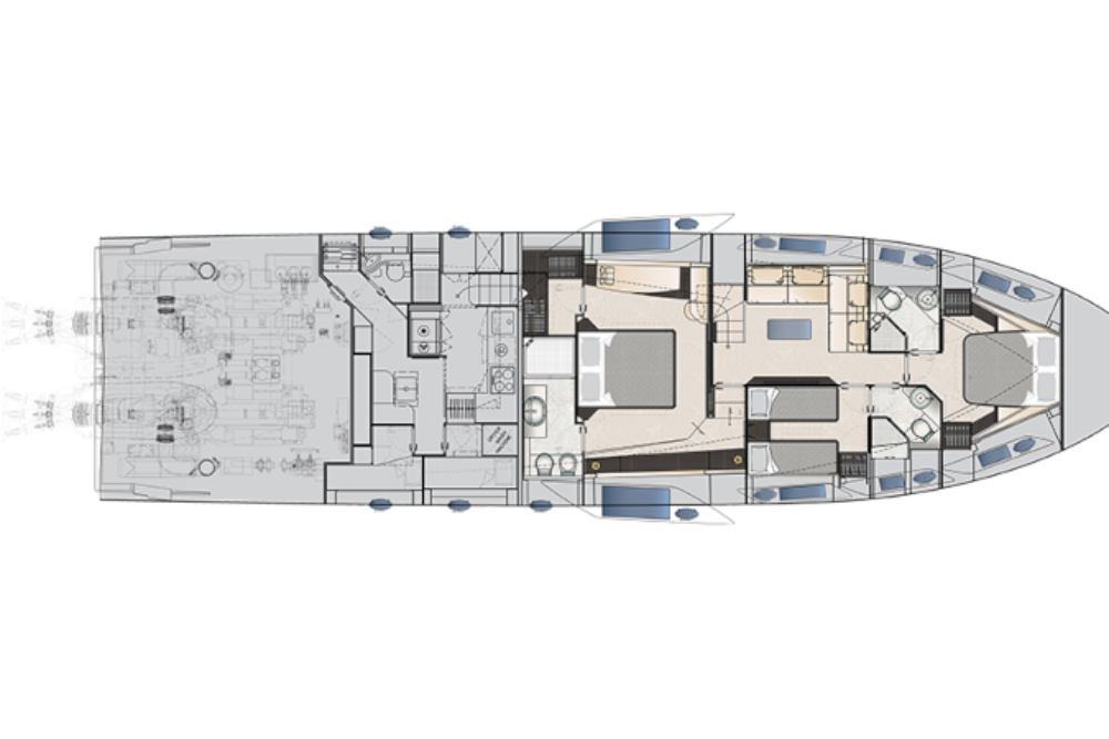 Pershing 8X - Layout - Lower deck Pershing 8X - Layout - Lower deck